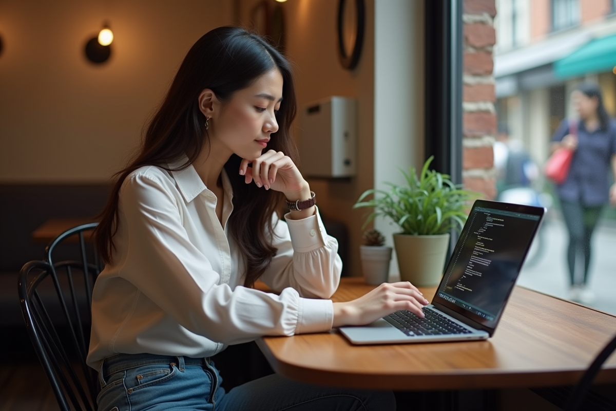 Jeune femme travaillant sur son ordinateur dans un café urbain