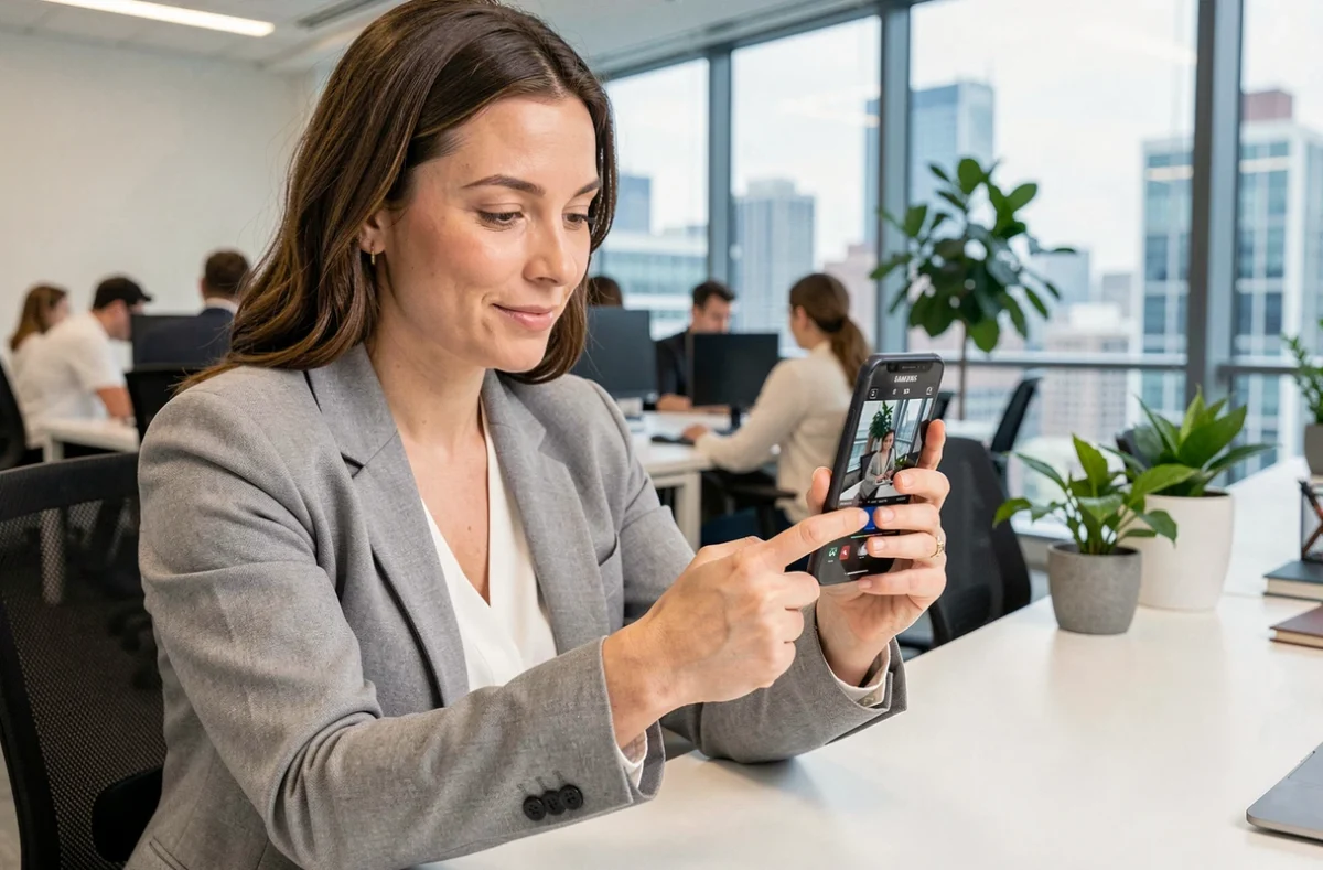 Femme professionnelle effectuant une capture d'écran sur son Samsung Galaxy au bureau pour optimiser sa productivité