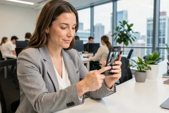 Femme professionnelle effectuant une capture d'écran sur son Samsung Galaxy au bureau pour optimiser sa productivité