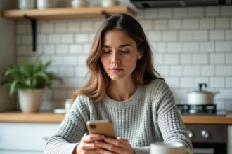 Femme utilisant un smartphone pour comparer ChatGPT sur WhatsApp et l'application officielle OpenAI