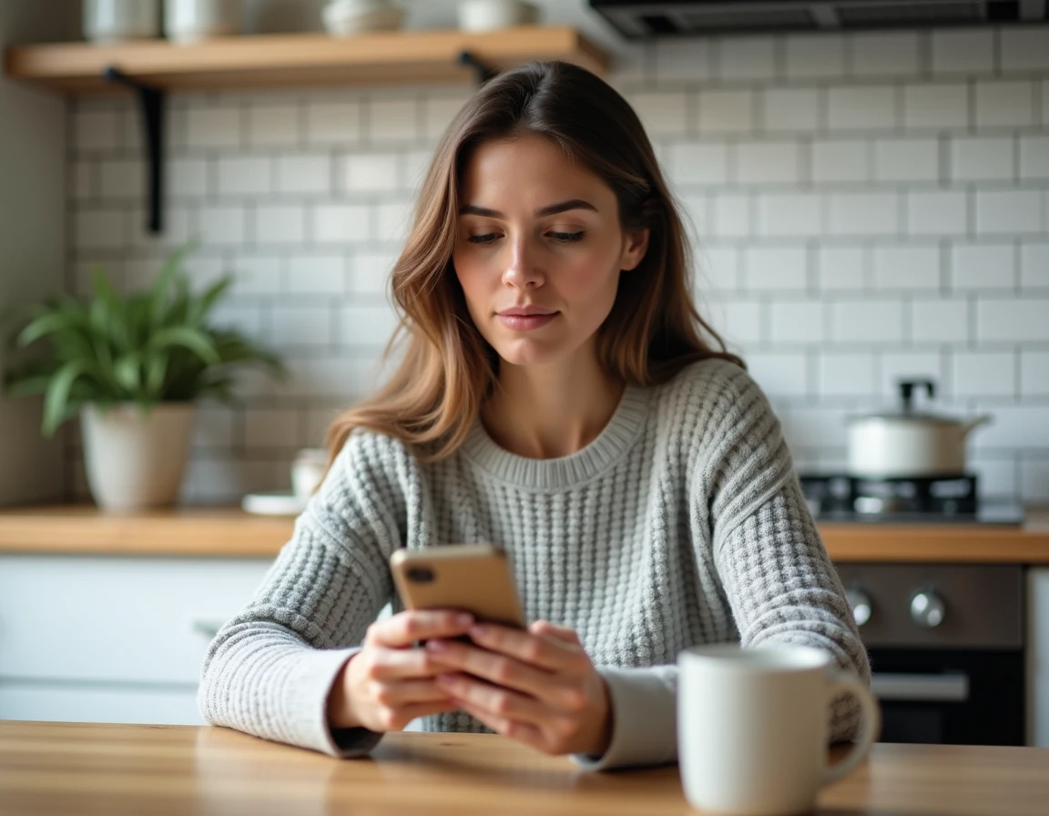 Femme utilisant un smartphone pour comparer ChatGPT sur WhatsApp et l'application officielle OpenAI