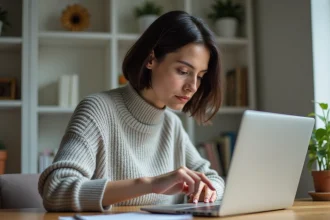 Femme utilisant le compteur de mots intégré à Microsoft Word sur un ordinateur portable dans un bureau à domicile