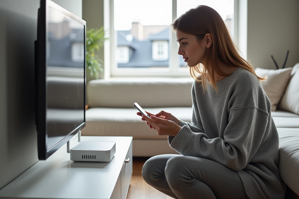 Femme consultant l'interface Freebox OS sur son smartphone pour configurer le Wi-Fi dans un appartement parisien