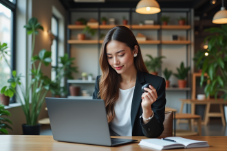 Jeune femme au coworking utilisant un ordinateur tactile