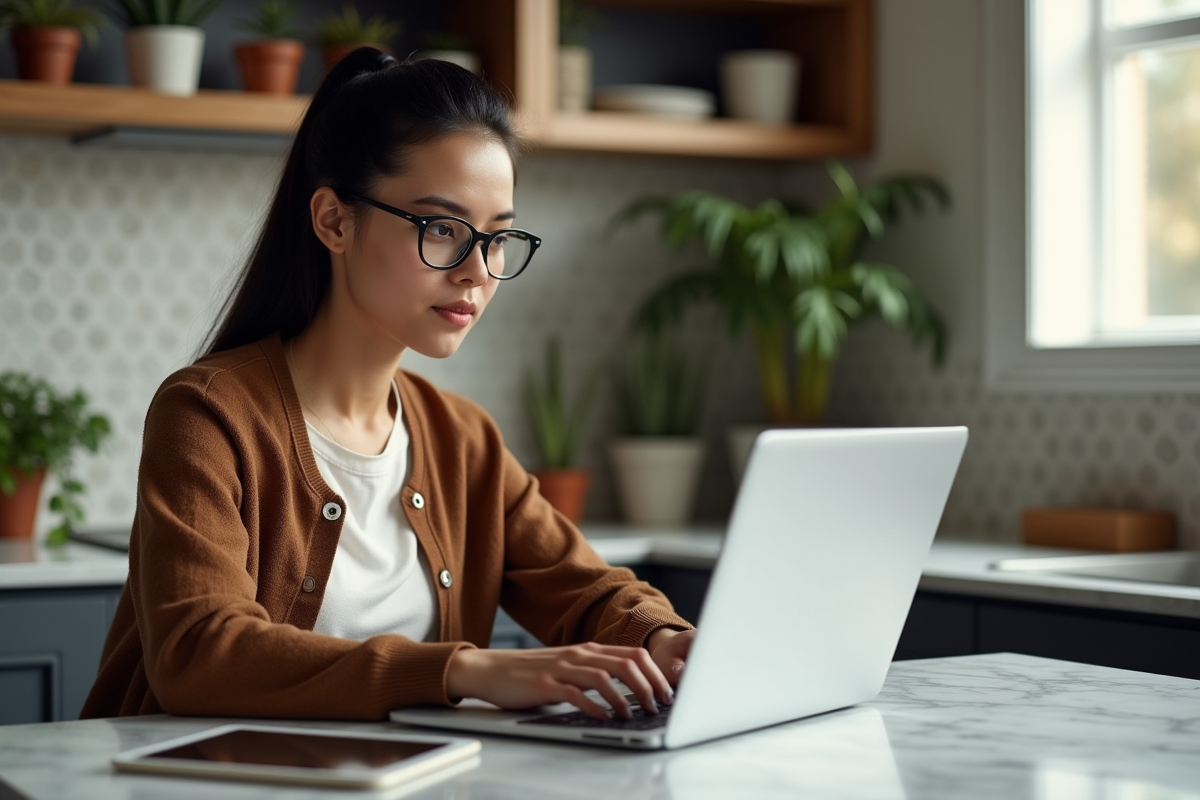 Jeune femme utilisant un ordinateur portable dans une cuisine chaleureuse