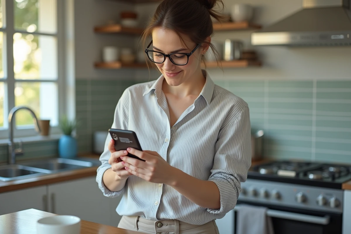 Femme dans la cuisine tenant son smartphone avec erreur