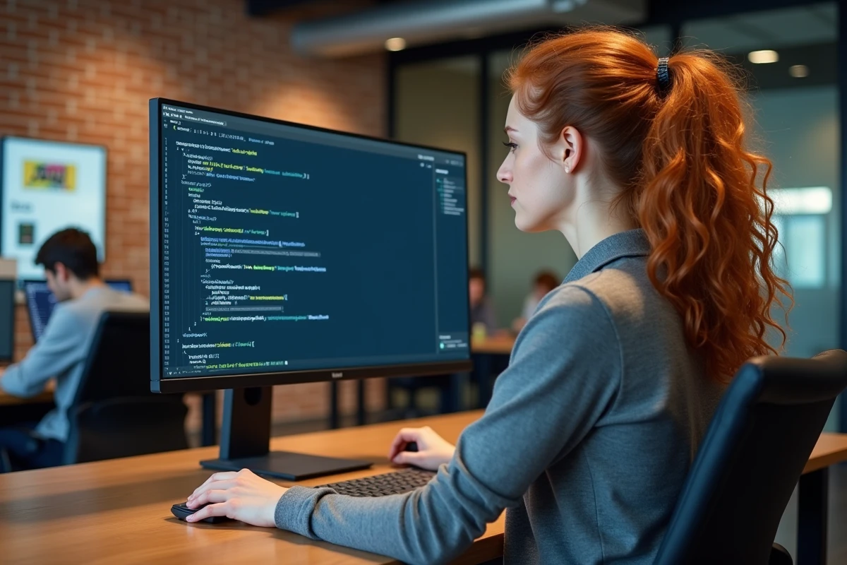 Femme développeuse configurant pip Python 3 sur Windows dans un espace de coworking moderne