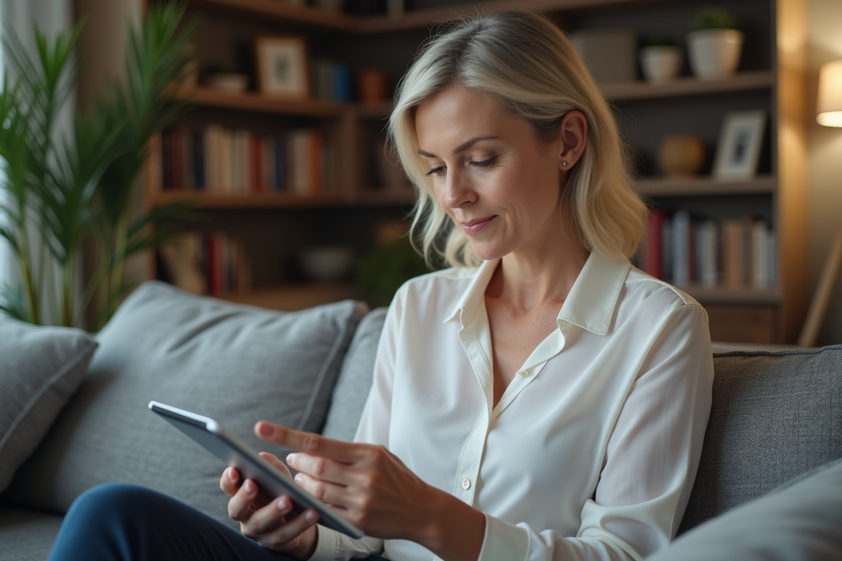 Femme relaxe entrant un code sur une tablette dans son salon