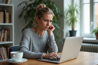 Femme frustrée devant un écran d'erreur de connexion à sa messagerie laposte.net après changement de navigateur
