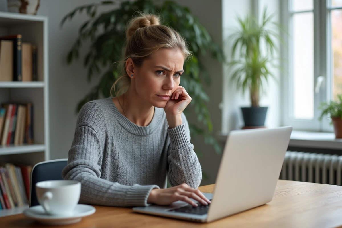 Femme frustrée devant un écran d'erreur de connexion à sa messagerie laposte.net après changement de navigateur