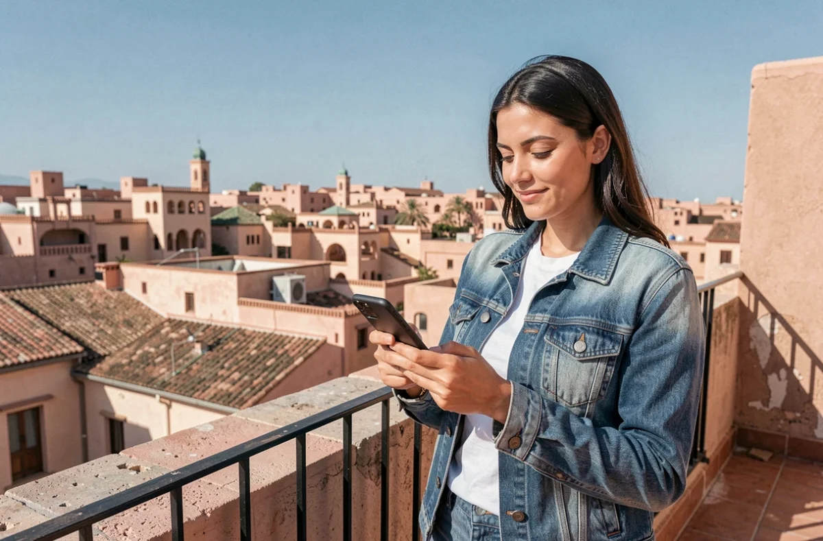 Femme consultant son forfait data illimitée eSIM sur une terrasse avec vue sur la médina marocaine