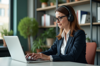 Femme d affaires avec casque d aide auditive au bureau