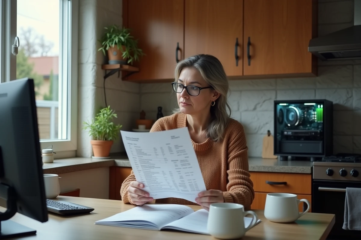 Femme moyenne âge étudiant une facture d