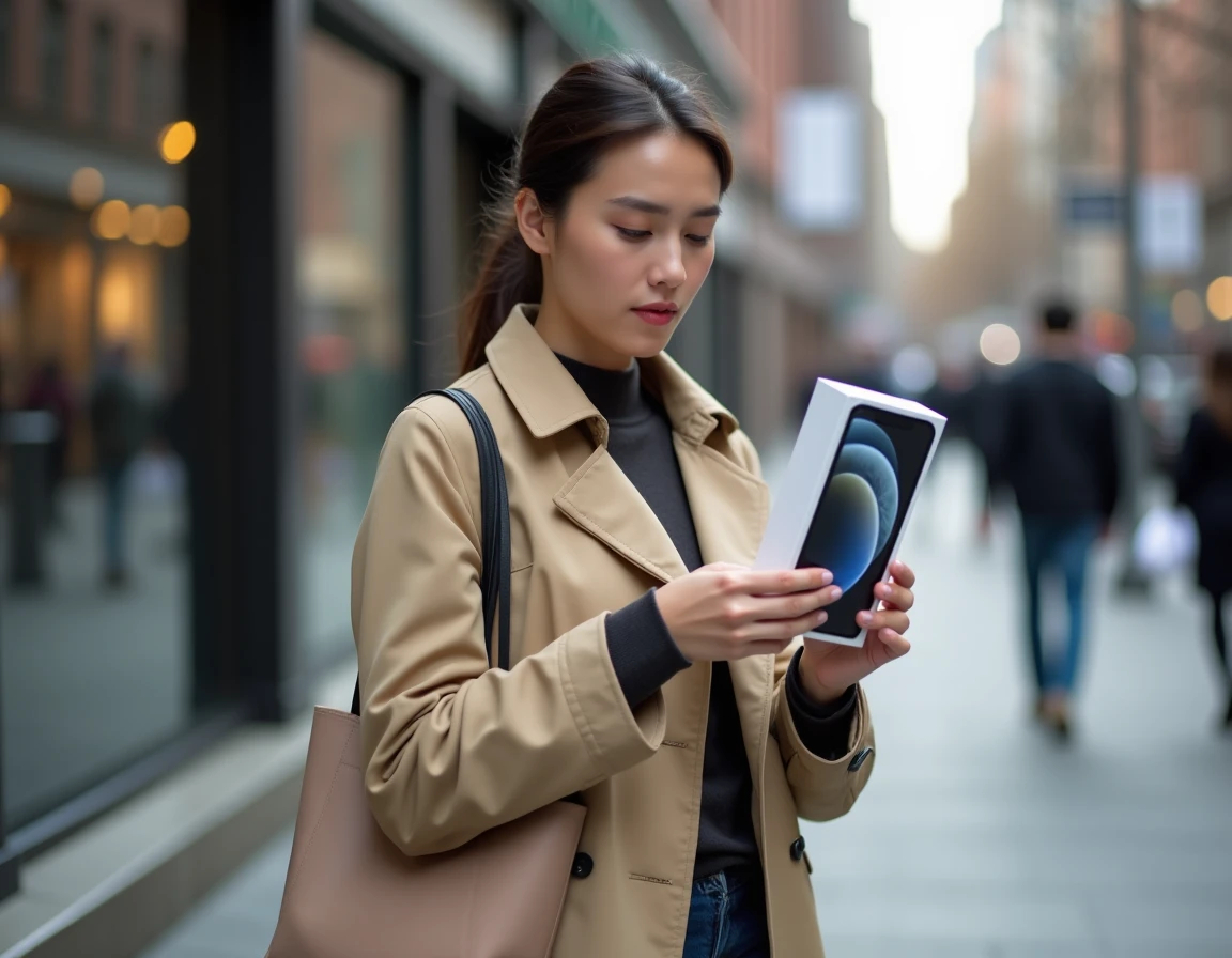 Jeune femme lisant les caractéristiques d'un iPhone 14 dans la rue avant son achat