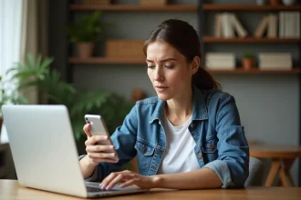 Femme assise à son bureau à la maison avec smartphone et ordinateur