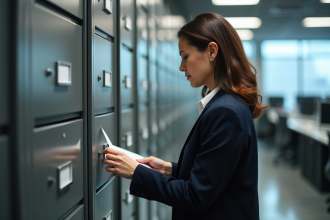 Femme d affaires rangeant des documents confidentiels dans un classeur