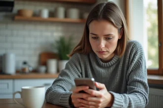 Femme consultant les paramètres de confidentialité de son smartphone dans une cuisine, illustrant la sécurité numérique au quotidien