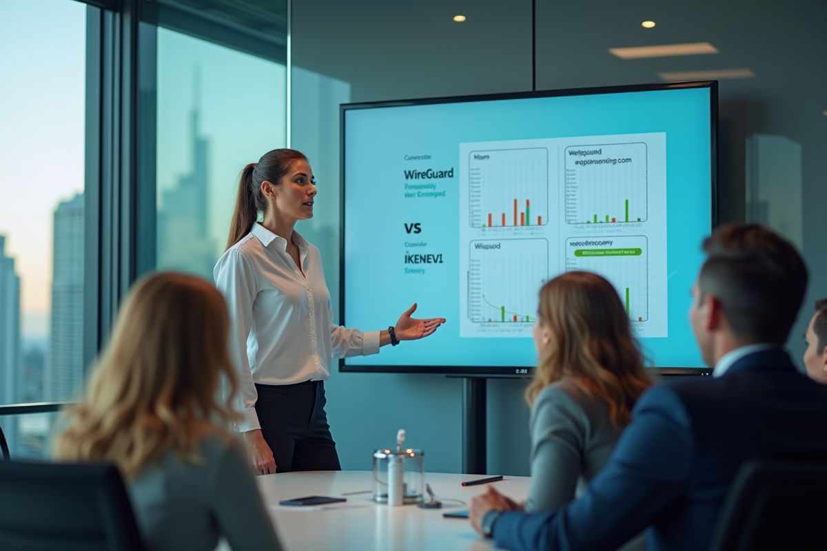 Femme présente graphique VPN en réunion d