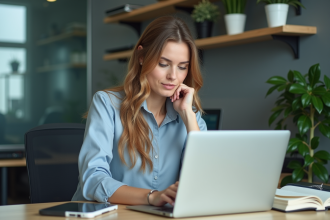 Femme professionnelle en bureau moderne travaillant sur son ordinateur