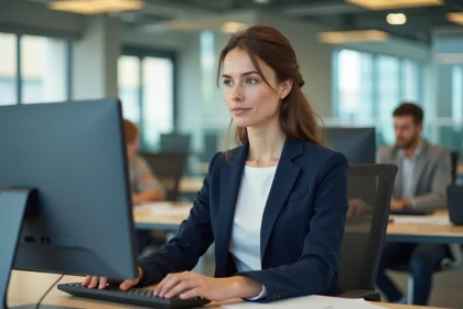 Femme professionnelle au bureau en train de taper à l'ordinateur