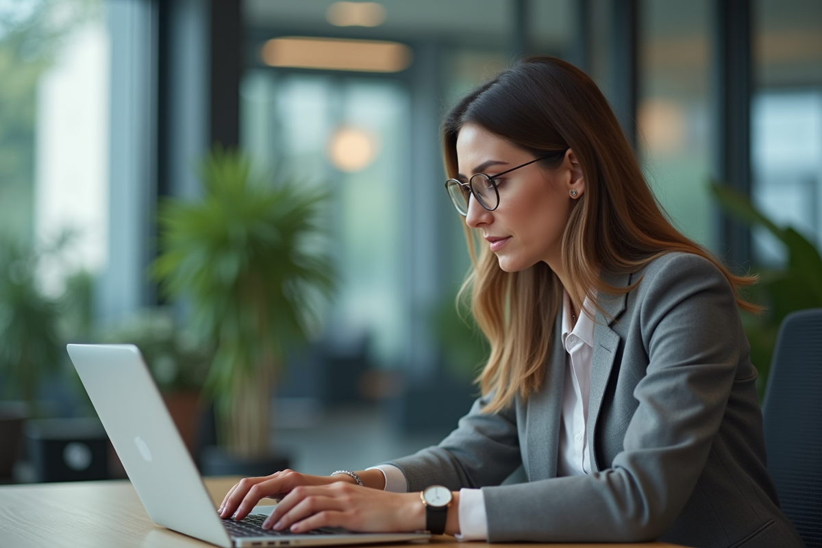 Femme professionnelle concentrée sur son ordinateur dans un bureau moderne