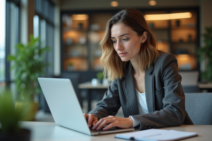 Jeune femme professionnelle travaillant sur son ordinateur dans un bureau moderne