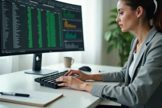 Femme utilisant un raccourci clavier pour figer des cellules dans Excel sur un ordinateur de bureau en open space