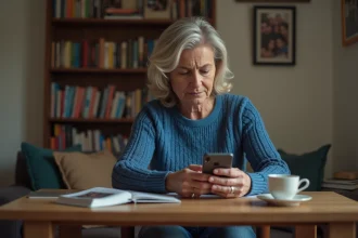 Femme réfléchie utilisant son iPhone dans un salon chaleureux