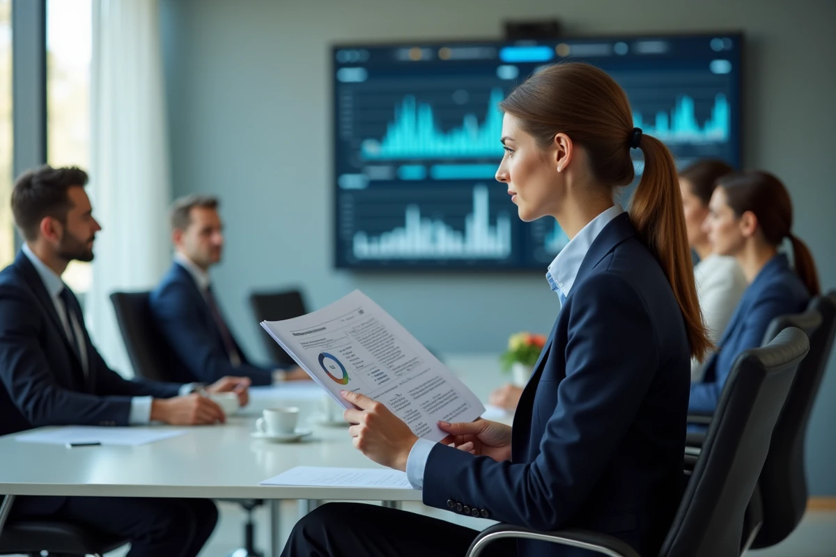 Femme en réunion présentant un rapport de gestion de flotte