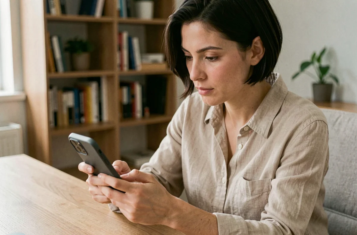 Femme utilisant un smartphone pour taper un È majuscule accentué sur clavier virtuel
