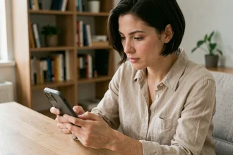 Femme utilisant un smartphone pour taper un È majuscule accentué sur clavier virtuel