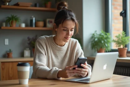 Jeune femme compare deux smartphones dans sa cuisine moderne
