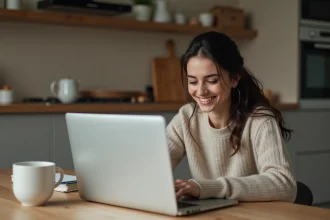 Jeune femme souriante avec ordinateur dans cuisine moderne
