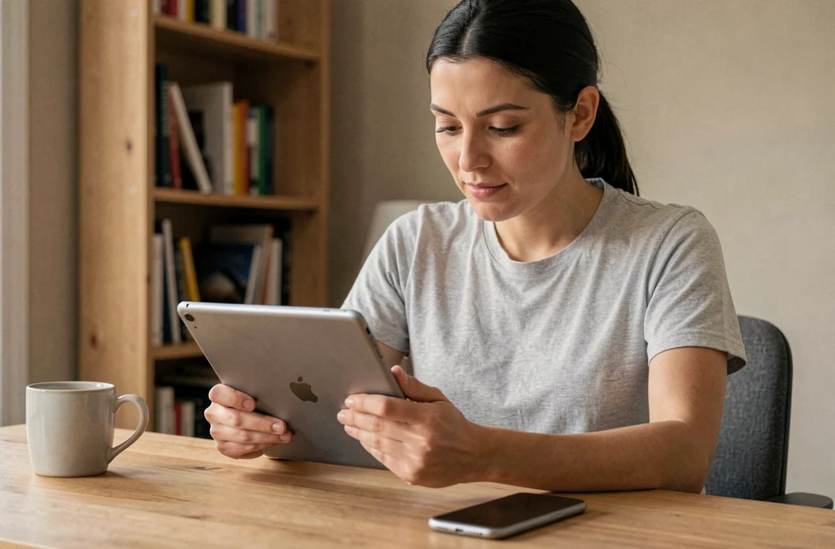 Femme utilisant une tablette Android et un smartphone posé sur un bureau en bois, illustrant la gestion du presse-papier entre deux appareils Android
