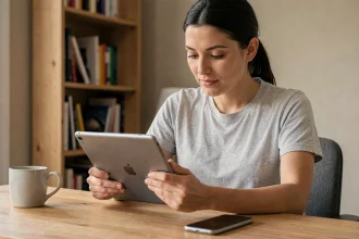 Femme utilisant une tablette Android et un smartphone posé sur un bureau en bois, illustrant la gestion du presse-papier entre deux appareils Android