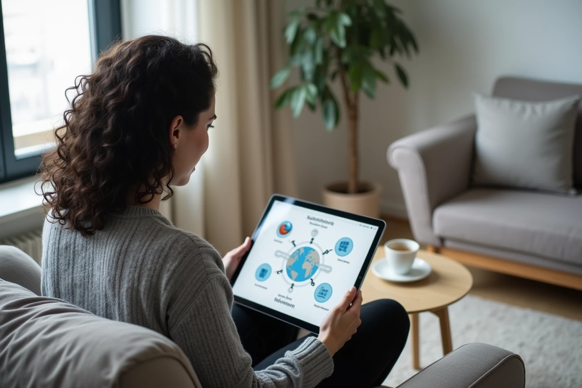 Femme sur un canapé consultant une tablette avec un schéma explicatif sur internet et le web
