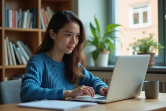 Jeune femme concentrée configurant logiciel de traduction à son bureau