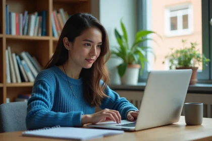 Jeune femme concentrée configurant logiciel de traduction à son bureau