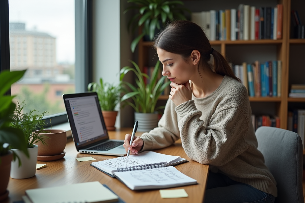 Jeune femme en bureau moderne avec ordinateur et notes