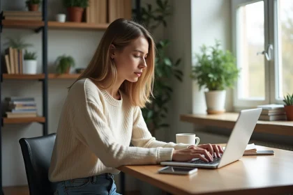 Jeune femme travaillant sur un ordinateur dans un bureau cosy