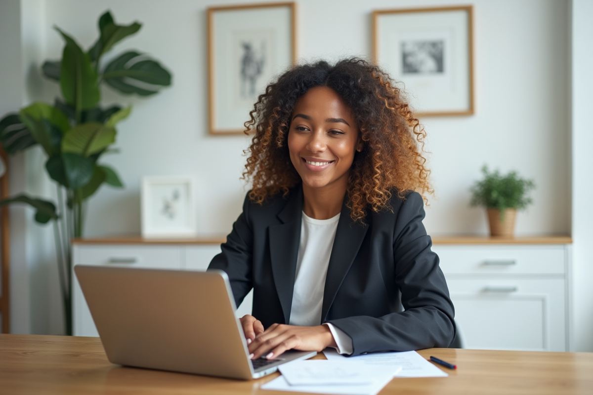 Femme en travail à domicile concentrée sur son ordinateur portable