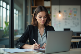 Femme concentrée sur son ordinateur en marketing automation