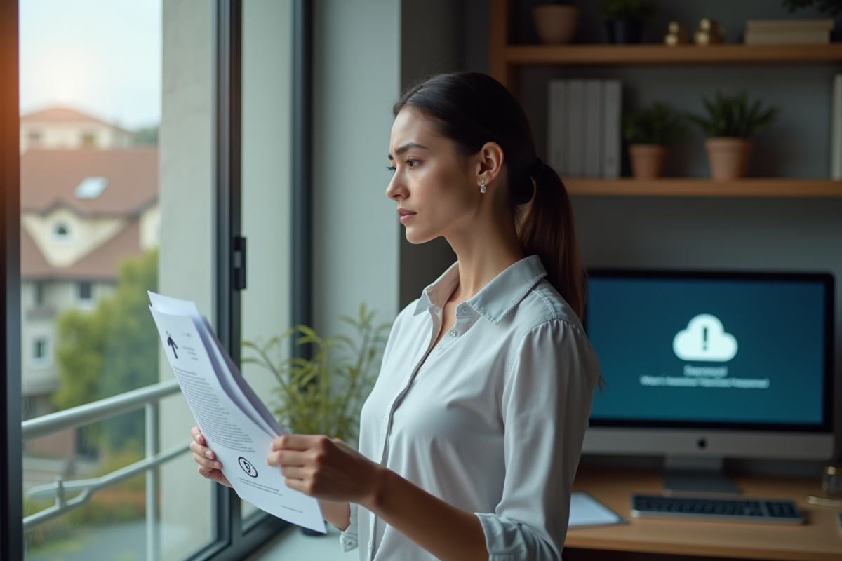 Femme d affaires préoccupée avec documents de sécurité informatique