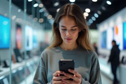Femme examinant attentivement un iPhone 14 dans un magasin d'électronique avant de l'acheter