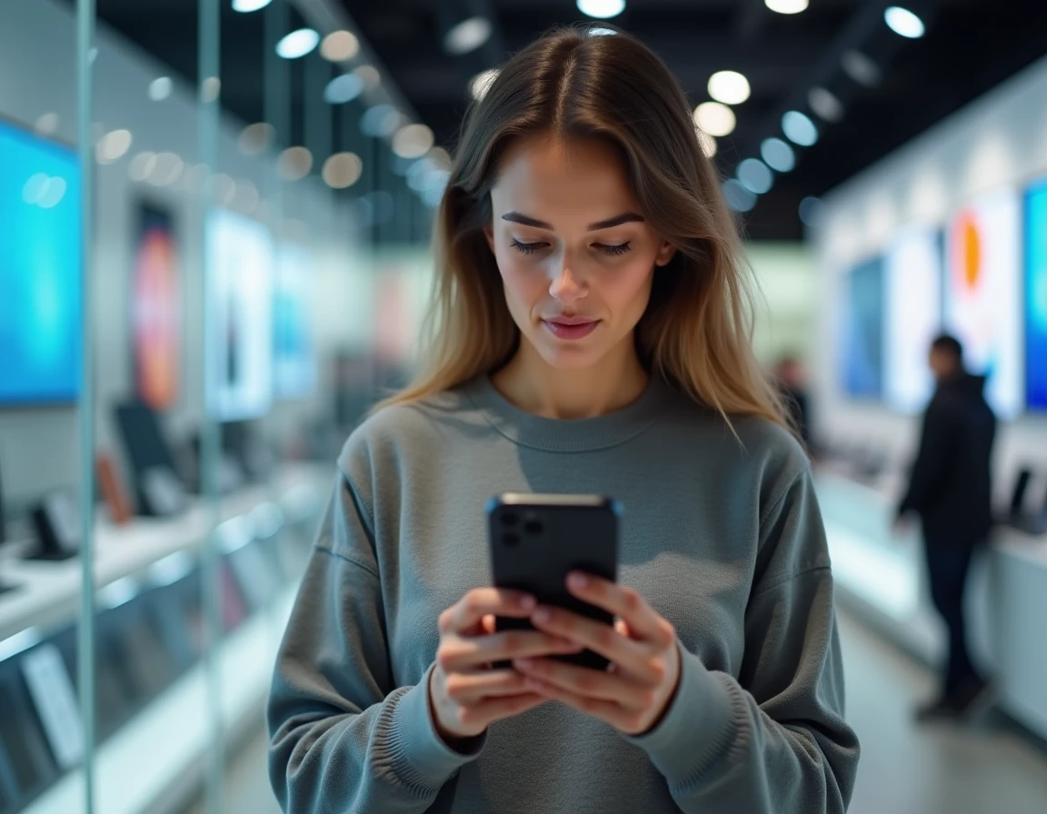 Femme examinant attentivement un iPhone 14 dans un magasin d'électronique avant de l'acheter