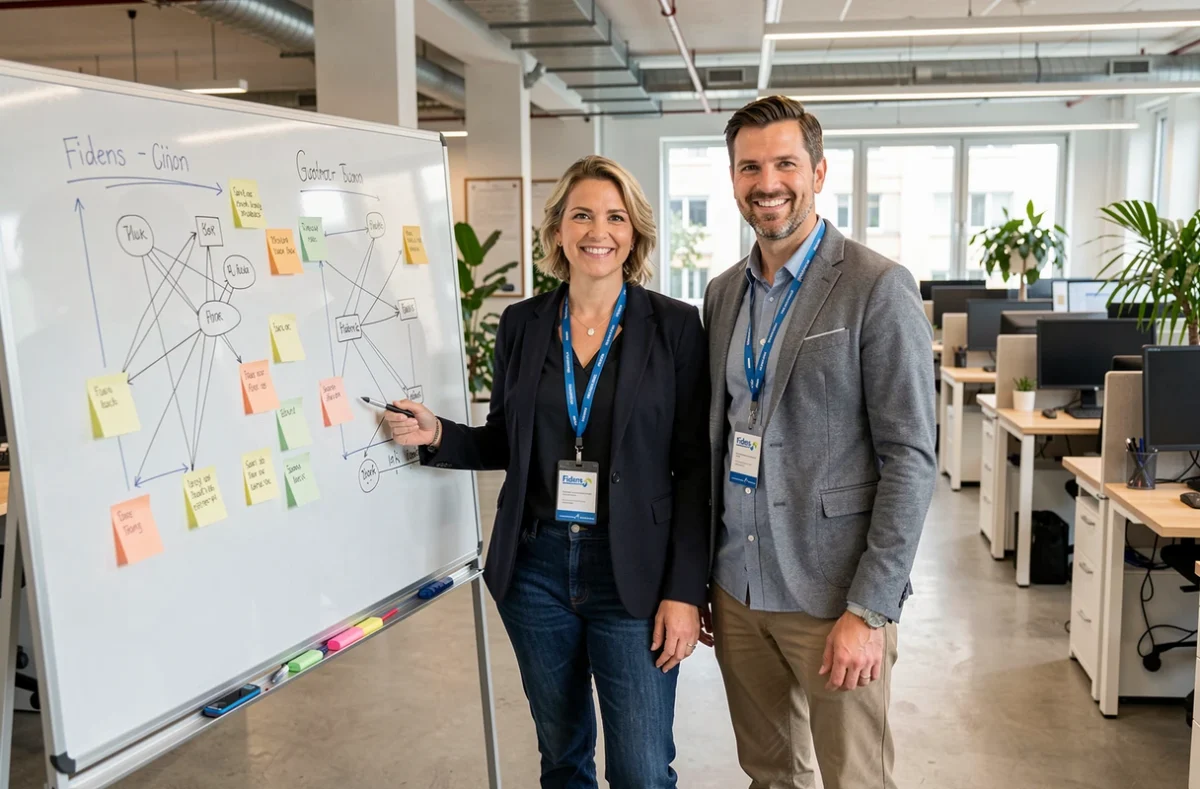 Deux experts Fidens collaborant devant un tableau blanc couvert de schémas réseau dans leurs bureaux de Strasbourg