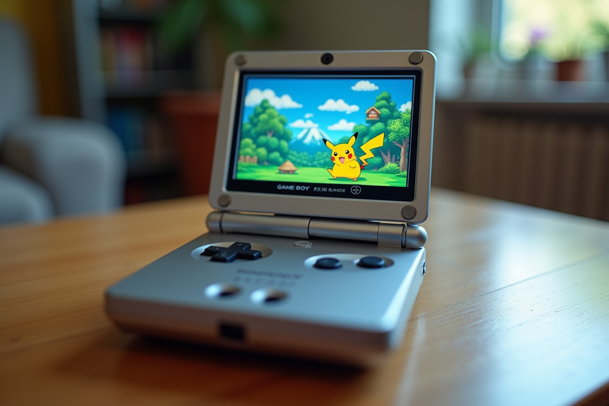Console Game Boy Advance affichant un jeu Pokémon en gros plan