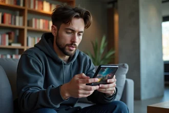 Homme jouant à un jeu mobile sur un Google Pixel 9 Pro XL dans un salon moderne en 2026