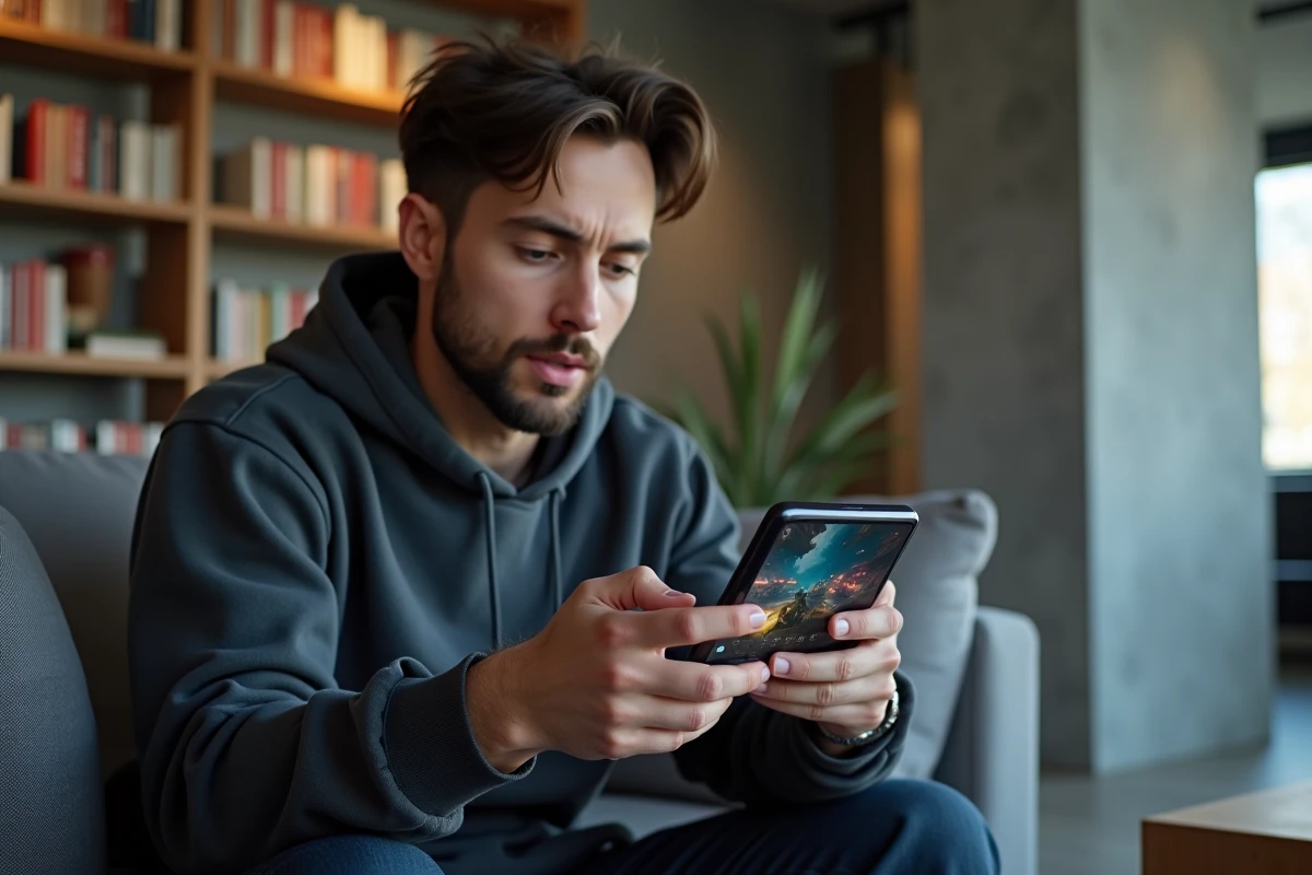 Homme jouant à un jeu mobile sur un Google Pixel 9 Pro XL dans un salon moderne en 2026
