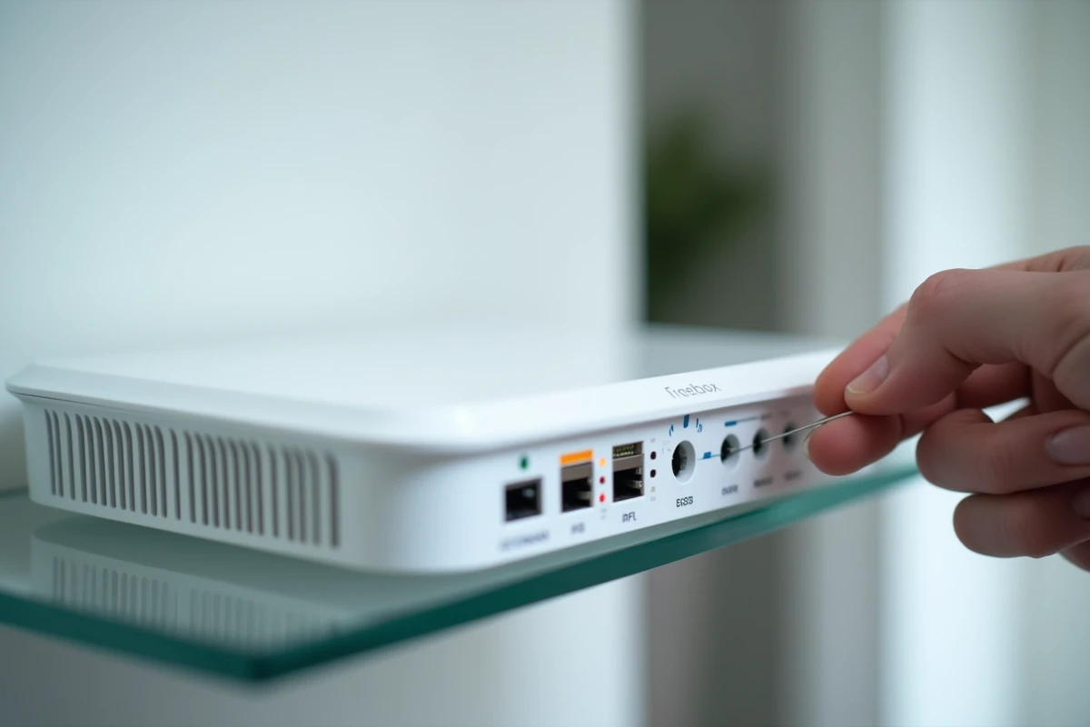 Gros plan d'une Freebox avec ses voyants allumés et une main tenant un trombone pour appuyer sur le bouton de réinitialisation